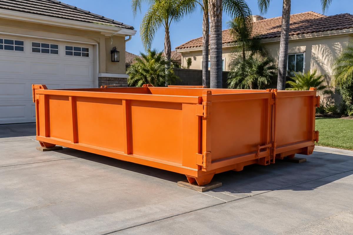 10 yard trash roll-off dumpster on a residential driveway in Orange County
