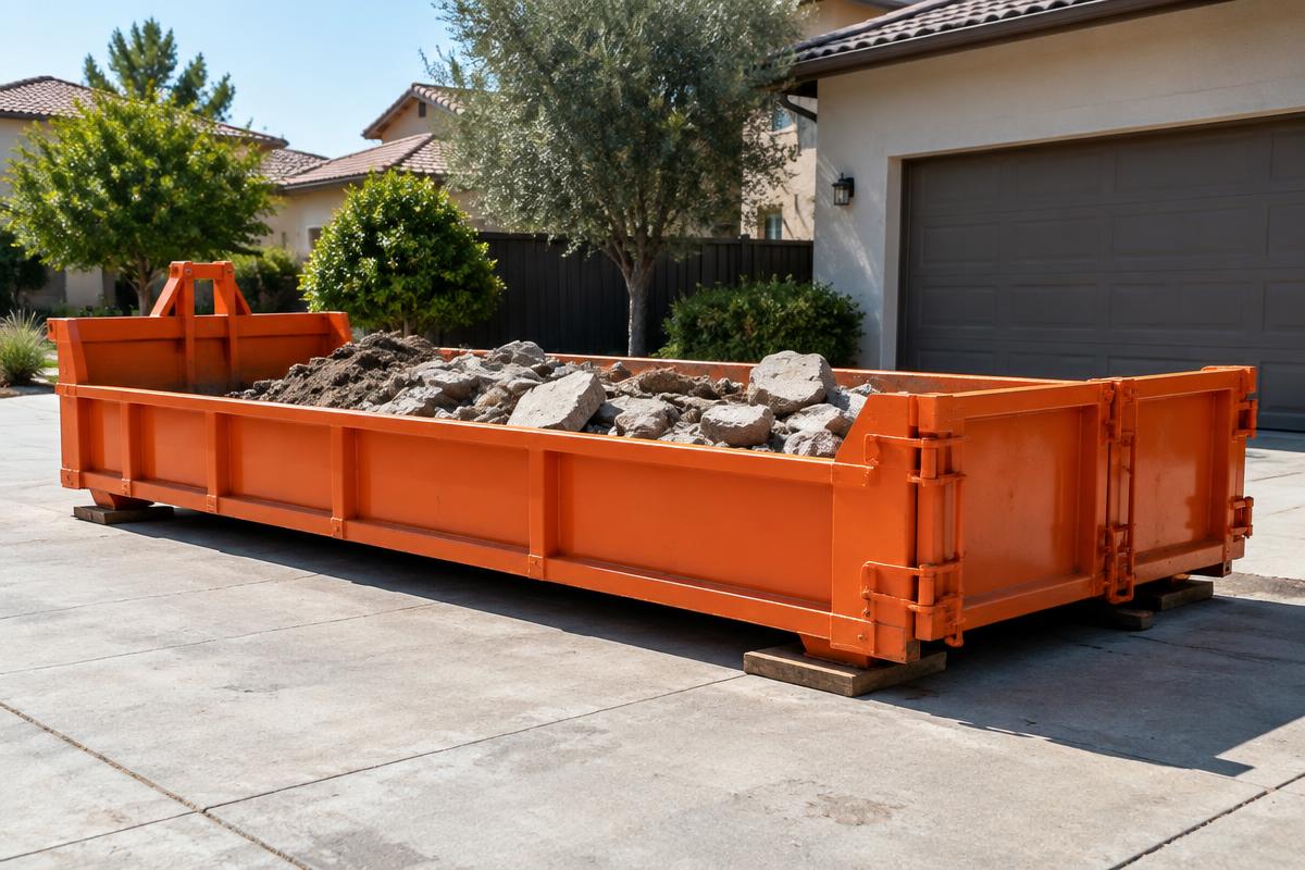 10 yard lowboy dumpster loaded with broken concrete and dirt